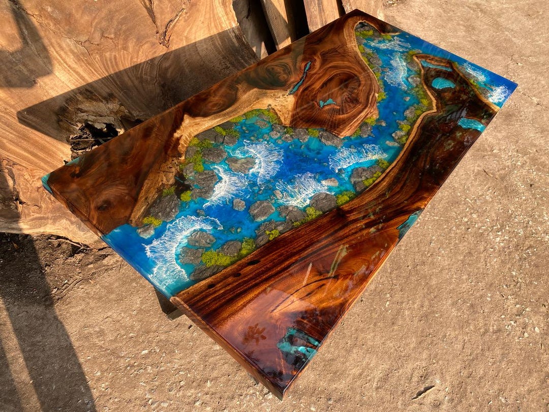 Personalized Ocean Wave Epoxy Resin Table, Custom Blue Ocean Live Edge ...