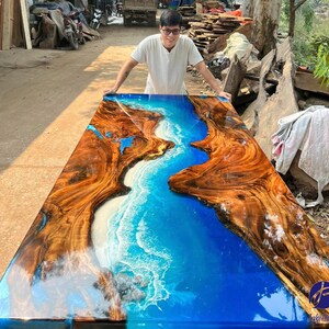 Customized Dark Wooden Epoxy Resin Table, Handmade Blue Ocean Epoxy Resin Table, Live Edge Resin Table, Dining Room Table, Living Room Table