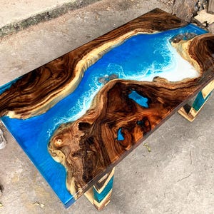 Customized Blue Ocean Epoxy Resin Table, Live Edge Epoxy Resin Dark Wood Table, Dining Room Table, Living Room Table, Coffee Table