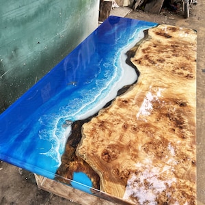 Custom Epoxy Dining Room Table, Personalized Blue Ocean Live Edge Resin Table Top, Epoxy Resin Kitchen Table, Beach Table, Dining Room Table
