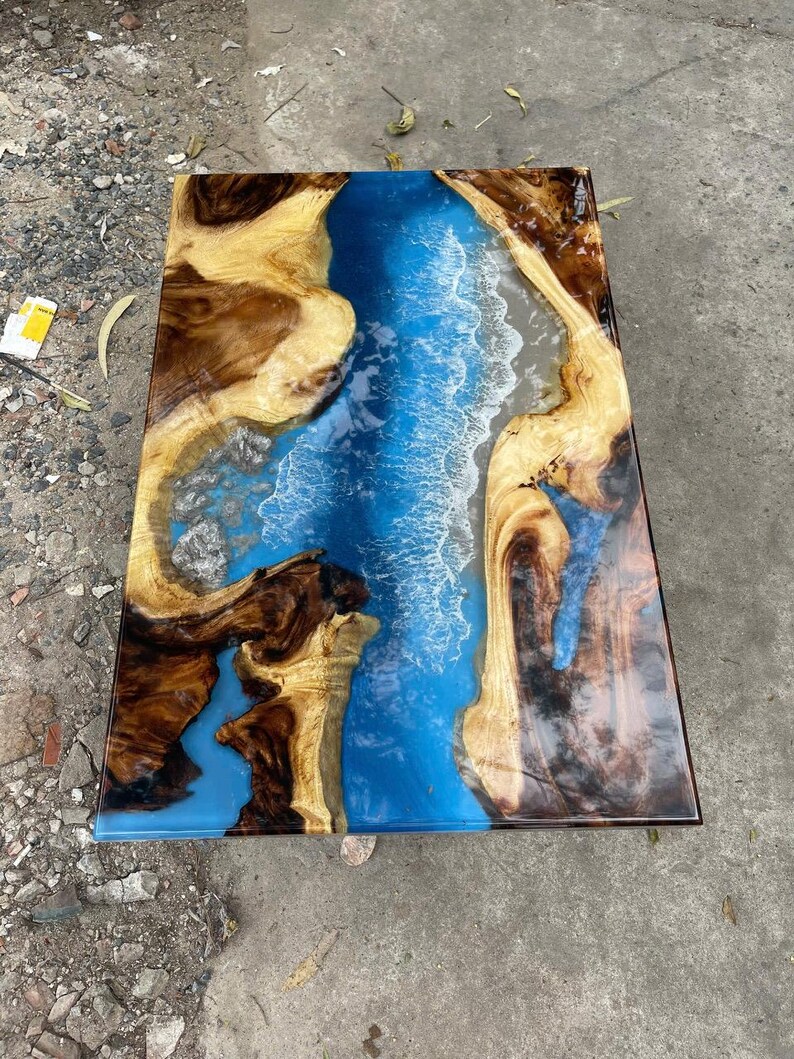 Ocean Wave and Rocks Epoxy Resin Table, Live Edge Wooden Table ...