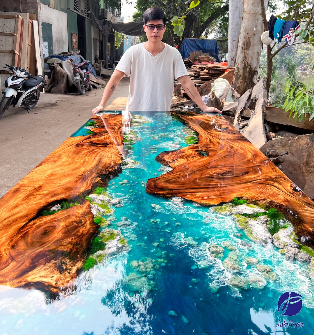 Custom Natural Scenery Epoxy Resin Table, Live Edge Epoxy Resin Dining Table Top, Dining Room ...