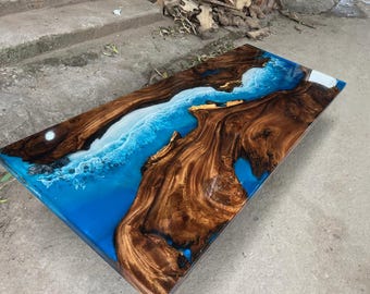 Customized Beautiful Landscape Epoxy Resin Table, Personalized Dark Wooden and Epoxy Resin Table Top,  Dining Room Table, Living Room Table