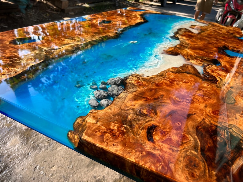 Custom Mappa Wood Live Edge Ocean Epoxy Table, Sea Style Epoxy Resin