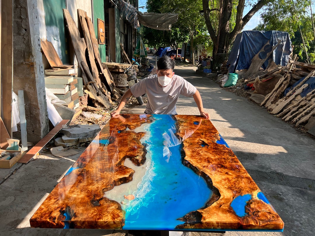 Mappa Custom Custom Mappa Wood Ocean Resin Table, Live Edge Dining Table - Etsy