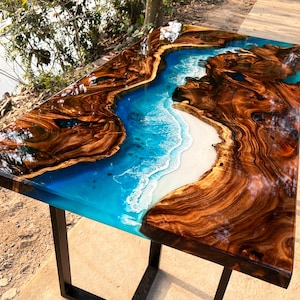 Personalized Ocean Wave Epoxy Resin Table, Custom Blue Ocean Live Edge Resin Table Top, Beach Table, Dining Room Table, Living Room Table