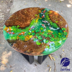 Custom Round Koi Resin Epoxy Table, Epoxy Resin Koi Fish Table, 3D Koi Painting Resin Table,  Living Room Table Top , Round Coffee Table