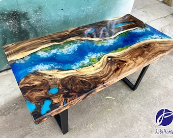 Mesa de río de resina epoxi con musgo personalizada, madera de borde natural hecha a mano