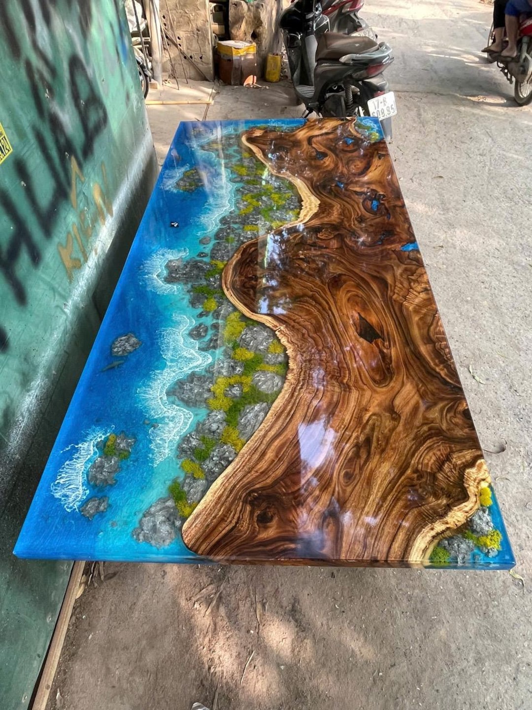 Ocean Wave Epoxy Table With Dolphin & Stingray, Handmade Resin River ...