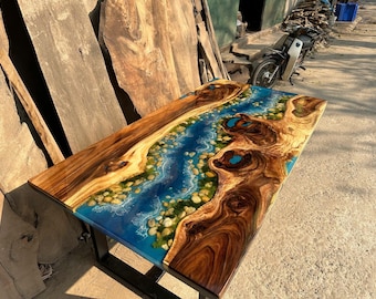 Personalized Live Edge Resin Dining Table: Blue Ocean Epoxy, Reclaimed Wood,  Living Room Table