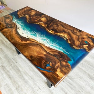 Personalized Blue Ocean Epoxy Resin Table, Customized Live Edge Epoxy Resin Dining Table Top, Dining Room Table, Living Room Table