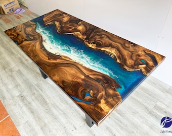 Mesa de resina epoxi con borde natural personalizada, mesa de comedor de resina epoxi con borde natural personalizada, mesa de comedor, mesa de sala de estar