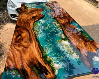 Customized Breathtaking Scenery Epoxy Resin Table, Handmade Live Edge Epoxy Resin Dining Table Top, Dining Room Table, Living Room Table