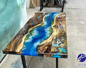 Mesa de resina epoxi personalizada con paisajes impresionantes, mesa de comedor de resina epoxi con borde vivo hecha a mano, mesa de comedor, mesa de sala de estar