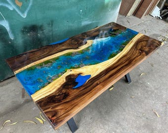 Customized Epoxy Resin Ocean Table, Personalized Moss and Epoxy Resin Table Top, Dining Room Table, Living Room Table, Kitchen Table