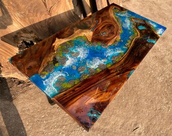 Customized Beautiful Landscape Epoxy Resin Table, Personalized Dark Wooden and Epoxy Resin Table Top,  Dining Room Table, Living Room Table
