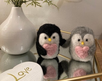 Handmade Wool Penguins - Needle felted penguins with a heart & holding hands.  7 years wool anniversary, friendship, Valentines, Galentines