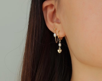 Stella - Pearl Chain Earring - Gold Filled Chain Earring Studs with Pearl - Gold Chain and Pearl Earring - Gift for Her