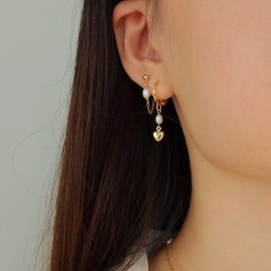 Stella Pearl Chain Earring Gold Filled Chain Earring Studs with Pearl Gold Chain and Pearl Earring Gift for Her image 1