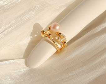 Anillos Sylvie - Anillo Mariner Link de oro vermeil con perla - Anillo llamativo con perla de agua dulce - Anillo de plata de ley con circonitas cúbicas - Regalo para ella