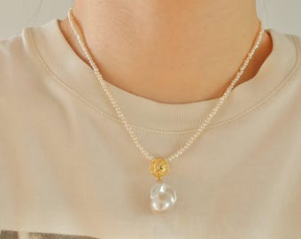 Collares Isabelle - Collar de perlas de agua dulce con cuentas - Collar con colgante de perlas barrocas - Collar con colgante extraíble - Perla natural