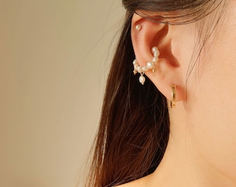 Freya - Pearl Ear Cuffs - Gold Filled Ear Climbers - Freshwater Pearls - No Piercing Ear Wrap - Pearl And Gold Cuffs