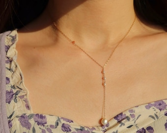 Trio Pearl Lariat Necklace - 14k Gold Filled Pearl Necklace - Dainty Pearl Drop Necklace - Y Drop Pearl Necklace