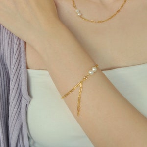 14k Gold Filled Link Chain Bracelet Dual Pearl Bracelet Paper Clip Chain and Pearl Bracelet Chunky Link Chain Bracelet Gift for her image 2