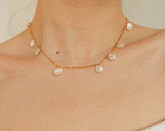 Mira Petal Pearl Necklaces - Keshi Pearl Choker Necklace - 14k Gold Filled Necklace - Beach Bridal Jewelry - Freshwater Pearl Necklace