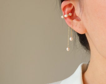 Tara - Pearl Ear Cuffs - Gold Filled Ear Climbers - Freshwater Pearls Tassel Ear Cuff - No Piercing Ear Wrap - Pearl Dangle Ear Cuffs