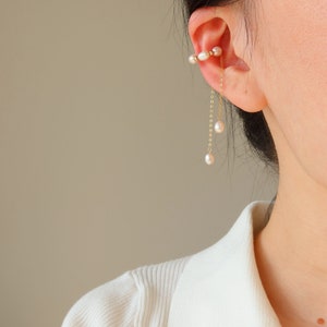Tara Pearl Ear Cuffs Gold Filled Ear Climbers Freshwater Pearls Tassel Ear Cuff No Piercing Ear Wrap Pearl Dangle Ear Cuffs image 1