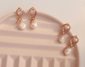 Noelle - Knot Shaped Pearl Earring - Keshi pearl Drop Earring - Gold Vermeil Pearl Stud Earring