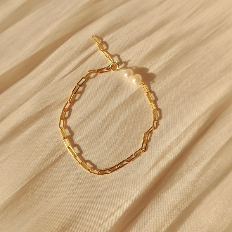 14k Gold Filled Link Chain Bracelet Dual Pearl Bracelet Paper Clip Chain and Pearl Bracelet Chunky Link Chain Bracelet Gift for her image 4