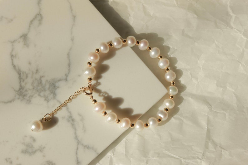 Odette Freshwater Pearl and 14k Gold Filled Beads Bracelet Pearl Beaded Bracelet Bridesmaid Jewelry Wedding Bracelet Gift for Her image 2