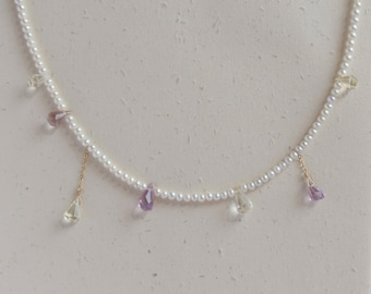 Collares de ametrina y perlas - Collar de perlas de agua dulce con cristales de ametrina - Regalo de cumpleaños
