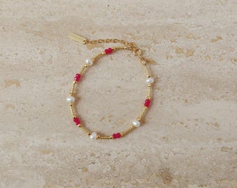 Braccialetti in oro con rubini e perle - Bracciale con pietre preziose di rubino - Bracciale con gemme rosse - Bracciale con pietre portafortuna di luglio - Regalo per lei