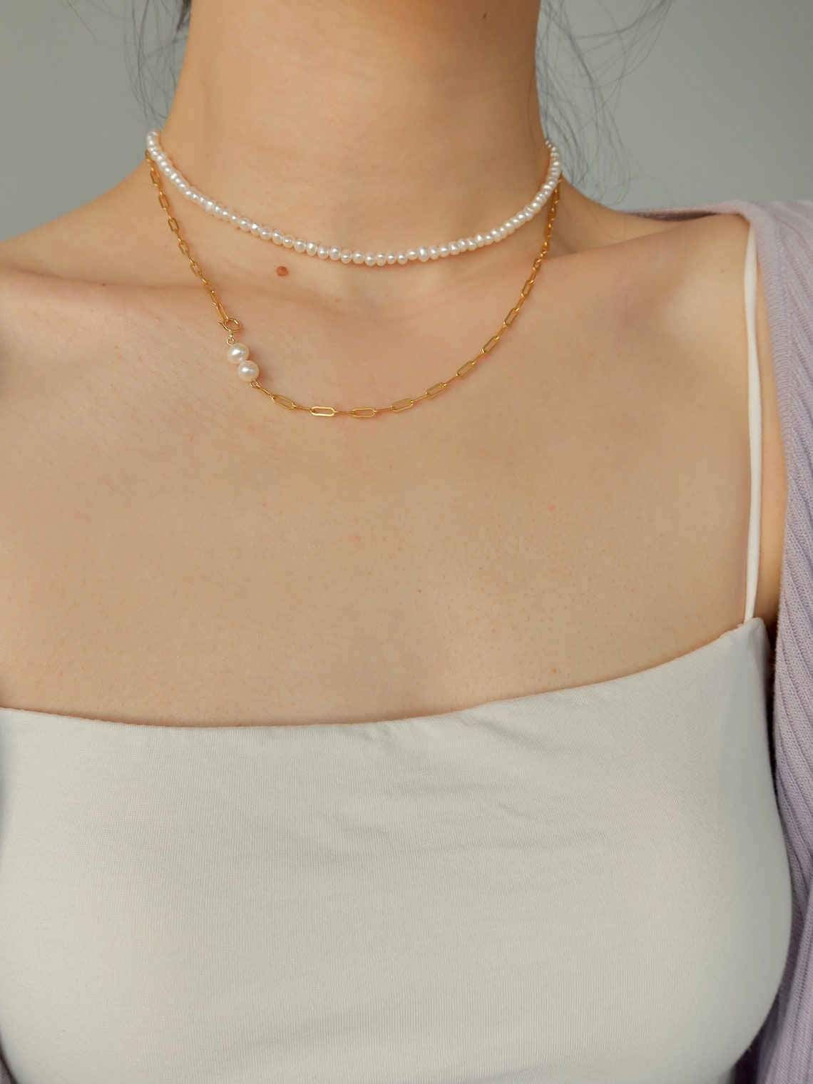 Paper Clip Chain With Pearl Necklace 14k Gold Filled Link Etsy