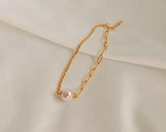 Rosalie - Pearl and Chain Bracelet - Gold Vermeil Paperclip Chain Bracelet - Rope Chain Bracelet - Gift for Her