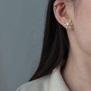 Pavé Snowflake Ear Studs - Winter Earrings - Gold Snowflake Ear Studs - Pearl Ear Studs - Gift For Girlfriend - Gold Pearl  Earrings