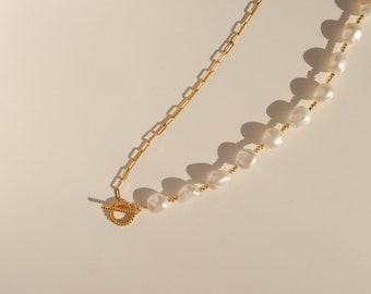 Baroque Pearl And Link Chain Toggle Necklaces - 14k Gold Filled Necklace - Chunky Pearl Bead Necklace - Paperclip Chain Necklace - Ceres