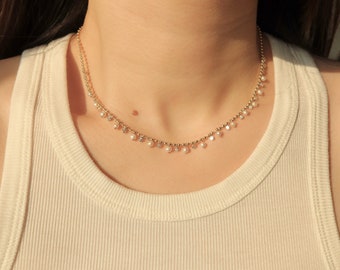 Stardust Necklaces - Cz Stone Necklace - Mini Pearl Necklace - Freshwater Pearl Necklace- Gift For Her