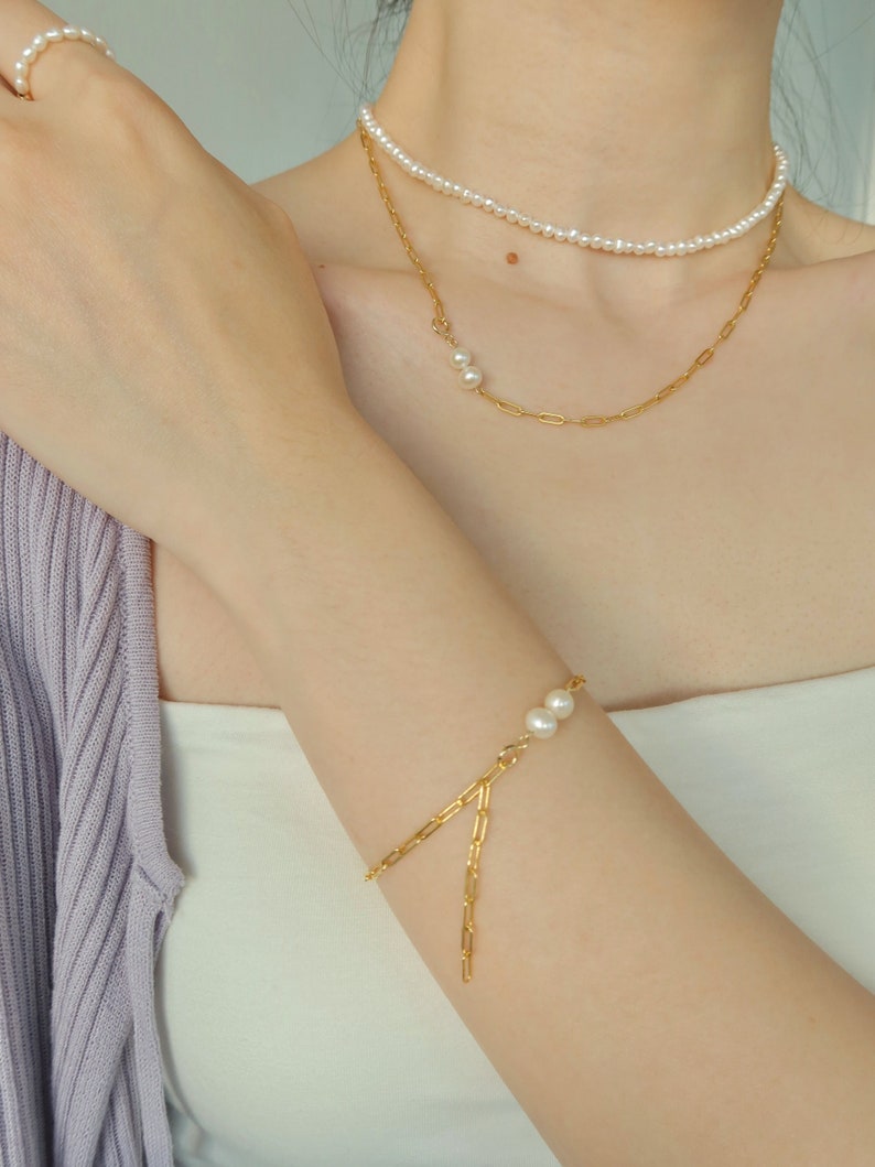 14k Gold Filled Link Chain Bracelet Dual Pearl Bracelet Paper Clip Chain and Pearl Bracelet Chunky Link Chain Bracelet Gift for her image 2