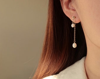 Rita - Pearl Dangle Earring - Pearl And 14k Gold Filled Studs -Gold Thread Earring - Gift For Her