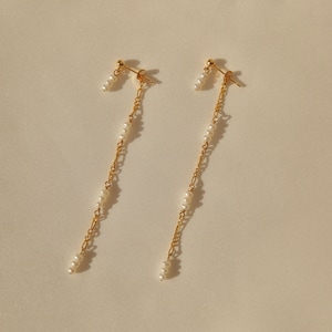 Lucie Earrings - Dainty Pearl Dangle Earring - 14k Gold Filled Figaro Chain Back Drop Earring - Tiny Pearl Long Earring- Bridal Earrings