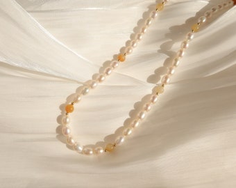 Yellow Jade & Pearl Choker - Pearl Beaded Necklaces - Rice Pearl Necklace - Mini Pearl Choker -Gift For Her - Dawn