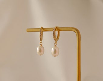 Pearl Drop Huggie Hoops - Pearl Dangle Earrings - Pearl Drop Earrings - Wedding Earrings - CZ Stone Paved Huggies