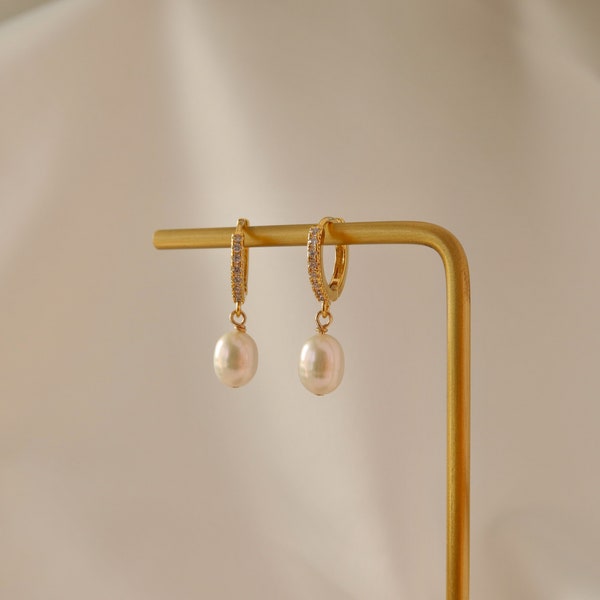 Pearl Drop Huggie Hoops - Pearl Dangle Earrings - Pearl Drop Earrings - Wedding Earrings - CZ Stone Paved Huggies
