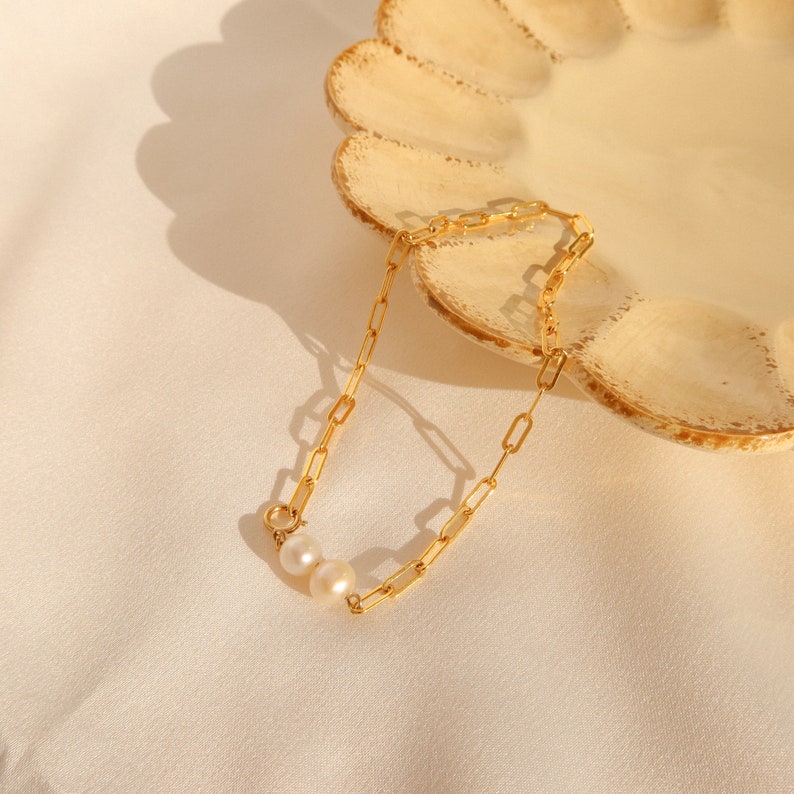 14k Gold Filled Link Chain Bracelet Dual Pearl Bracelet Paper Clip Chain and Pearl Bracelet Chunky Link Chain Bracelet Gift for her image 1