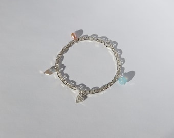 Pulsera de plata con dije, pulsera con dije de corazón, dije de aguamarina, plata de ley 925, pulsera de cadena marinera, pulsera con dije de perla morada
