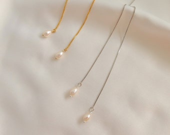 14k Gold Filled Pearl Threader Earring - Freshwater Pearl Threaders - Gold Box Chain Earrings - Bridesmaids Gift - Bridal Earrings Wedding